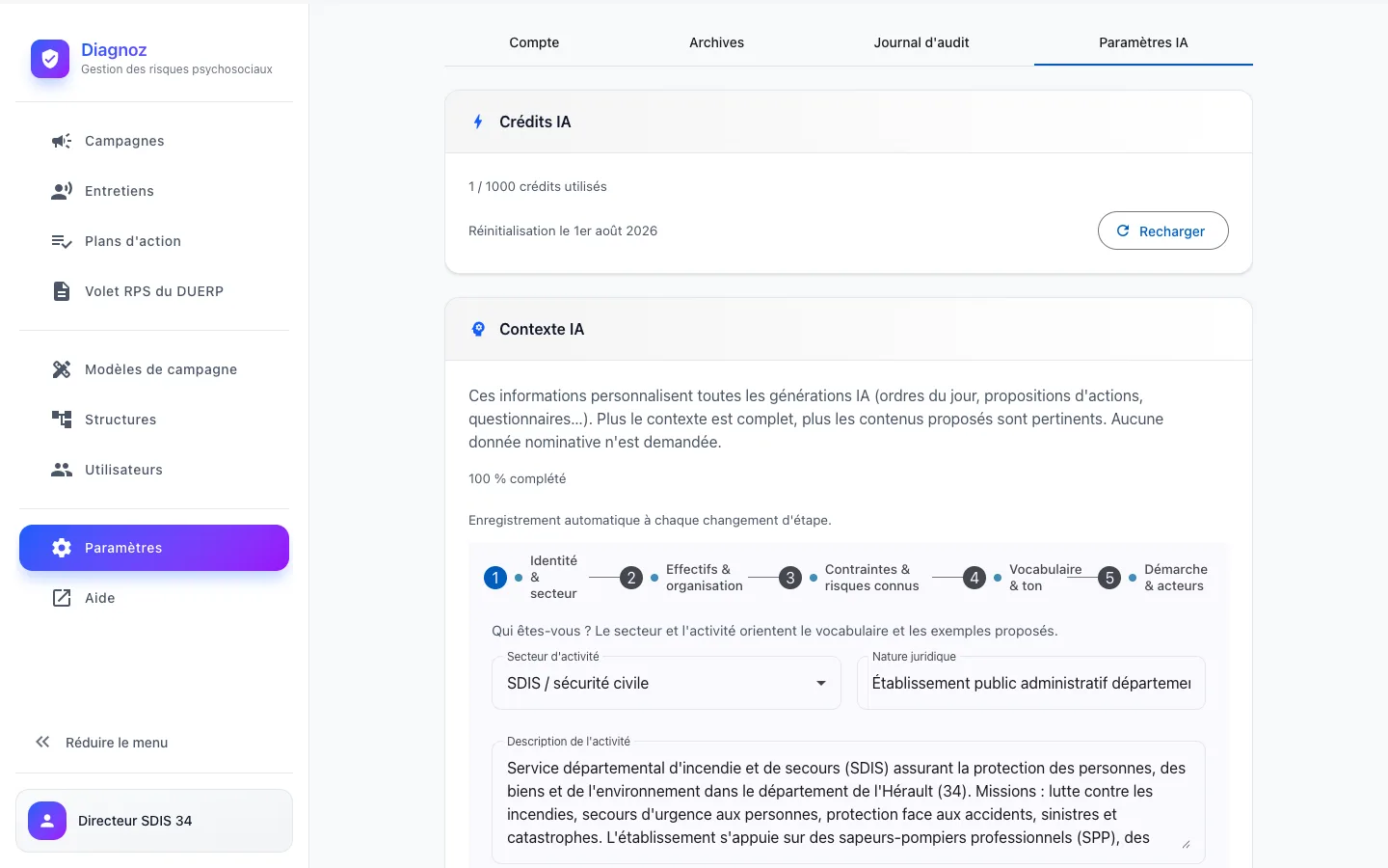 Jauge de crédits IA et formulaire de contexte d'entreprise dans Diagnoz