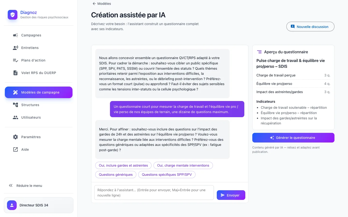 Conversation avec l'assistant IA de création de modèle de campagne Diagnoz