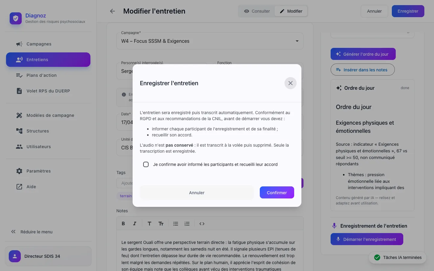 Enregistreur et consentement de transcription live d'entretien dans Diagnoz